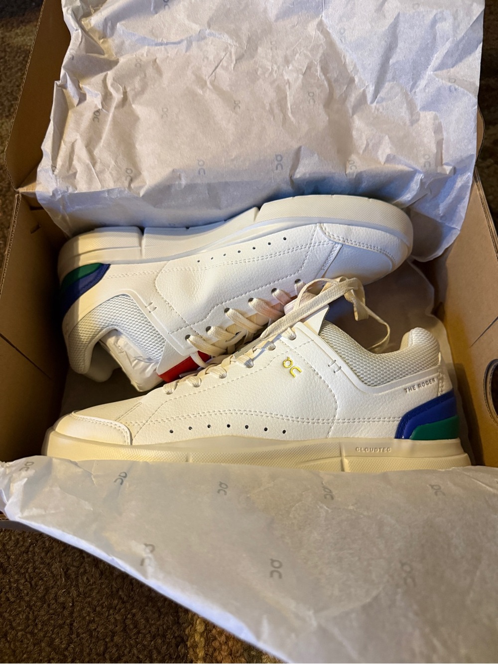 On Running White Sneakers with Blue & Green Heel Accents